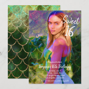 Invitación Bonito Green Gold Mermaid Foto Dulce 16 Fiesta