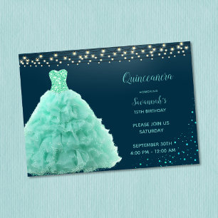Invitación Bonito Green Gown Bajo Las Luces Quinceanera