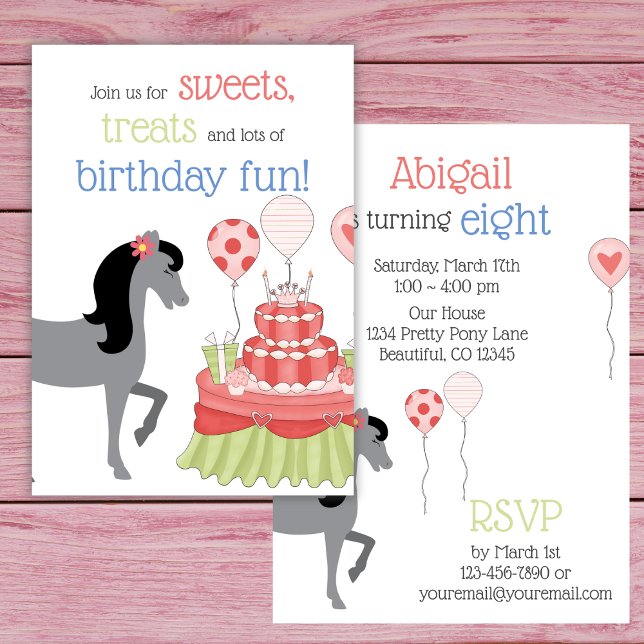 Invitación Bonito Gris Horse Pink, Green, Blue Birday Party (Pretty Grey Horse Pink, Green, Blue Birthday Party Invitation)