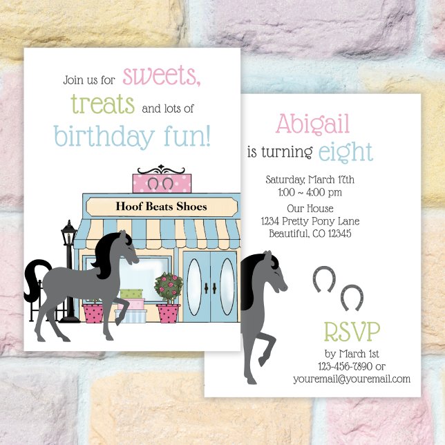 Invitación Bonito Gris Horse Pink, Green, Blue Birday Party (Pretty Grey Horse Pink, Green, Blue Birthday Party Invitation)