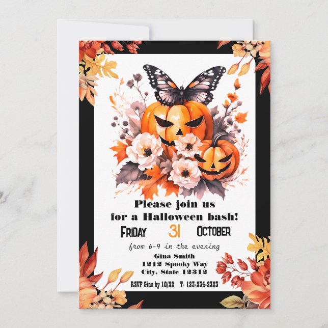 Invitación Bonito Halloween Floral Calabaza Bash Fiesta (Anverso)