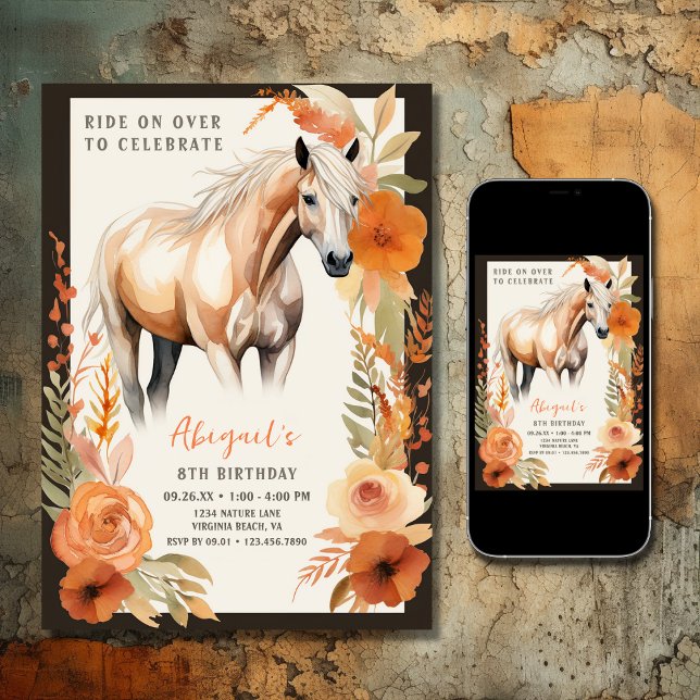 Invitación Bonito Hípica y Flores de Melocotón Cumpleaños (Printed and Digital - Beautiful Horse and Autumn Flowers Fall Birthday Invitation)