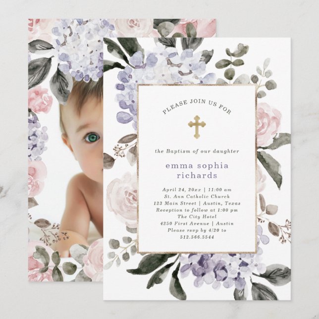 Invitación Bonito Hydrangea Flowers | Foto de Baptismo de Reg (Anverso / Reverso)