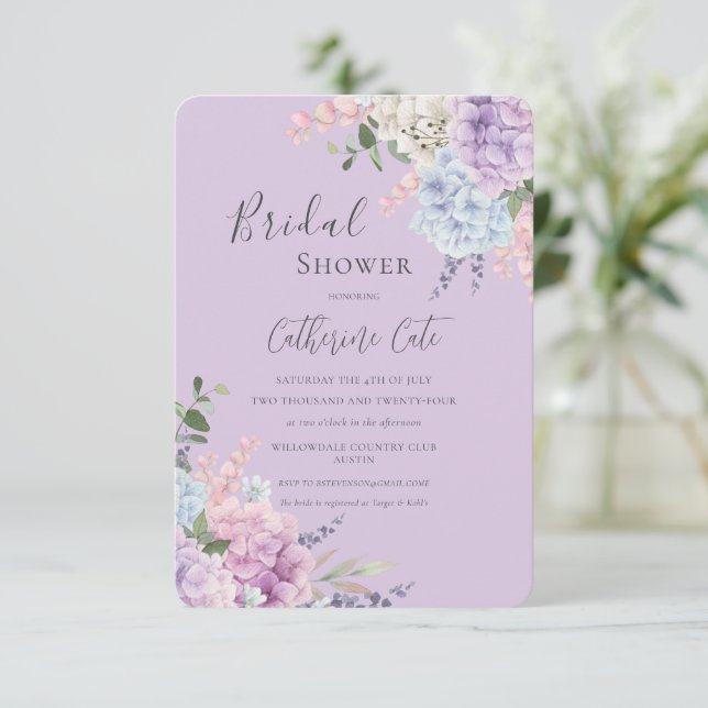 Invitación Bonito Hydrangeas Morado Floral Brillante (Anverso de pie)