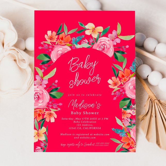 Invitación Bonito jardín florido acuarela arco baño de bebé (Pretty garden floral watercolor arch baby shower invitation on neon hot pink)