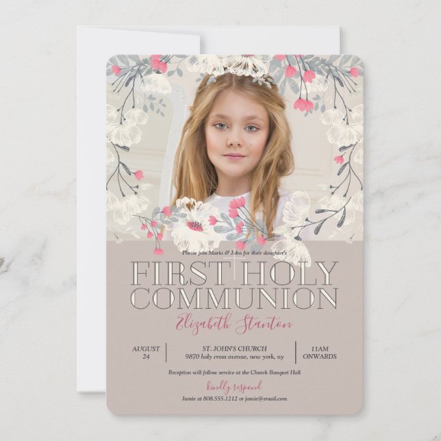 Invitación Bonito Jardín Foto Primera Comunión Santa (Anverso)
