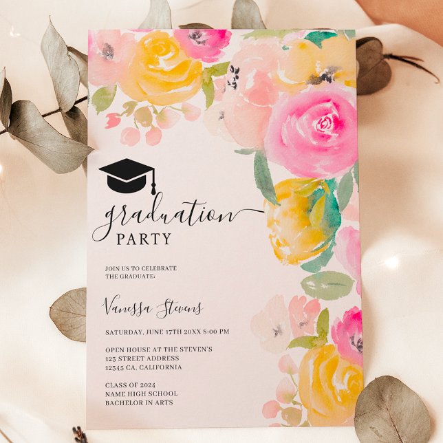 Invitación Bonito jardín jardín floral acuarela graduación (Pretty chic garden floral watercolor graduation invitation)