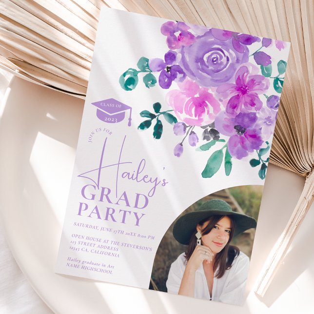 Invitación Bonito jardín morado verde floral graduación (Subido por el creador)