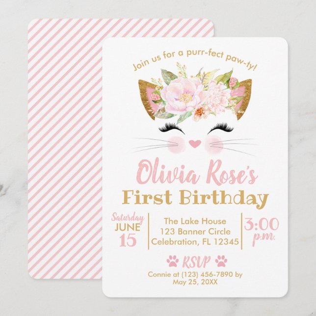 Invitación BONITO KITTY Chica Cat Cumpleaños (Anverso / Reverso)