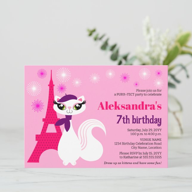 Invitación Bonito Kitty Paris Pink Birday (Anverso de pie)