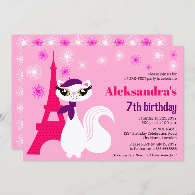 Invitación Bonito Kitty Paris Pink Birday (Anverso / Reverso)