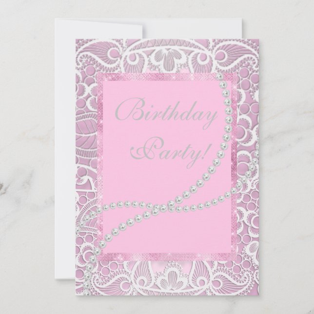 Invitación Bonito lace perlas personalizado de cumpleaños ele (Anverso)