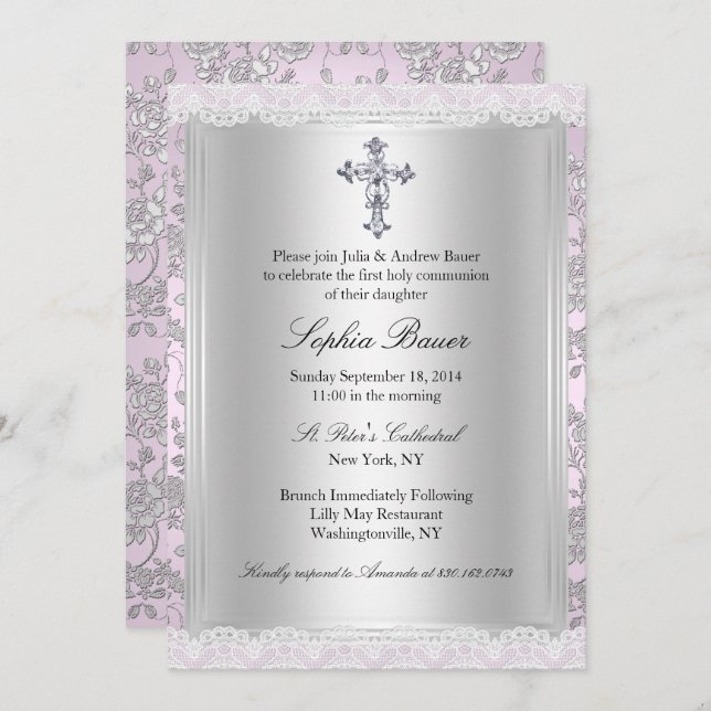 Invitación Bonito Lace Pink First Holy Communición (Anverso / Reverso)