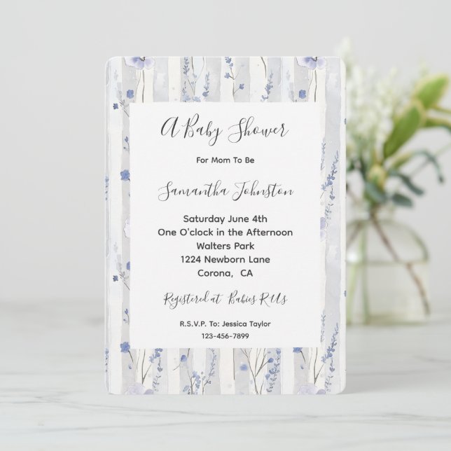 Invitación Bonito Lavender White Stripes Floral Baby Shower (Anverso de pie)