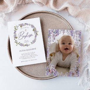 Invitación Bonito Lilac púrpura Wreath and Photo   Bautismo