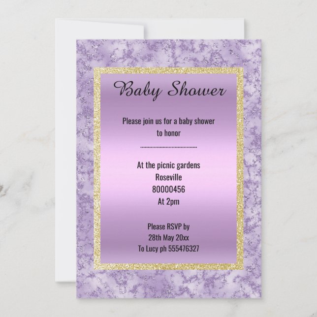 Invitación Bonito Lilac Purpurina de Mármol Púrpura Bebé Oro (Anverso)