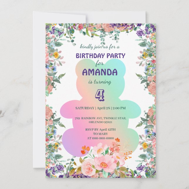 Invitación Bonito lindo Bear flora gradiente fiesta de cumple (Anverso)