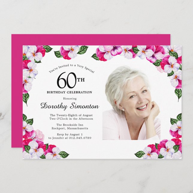 Invitación Bonito Magenta, foto en blanco rosado, 60 años (Anverso / Reverso)