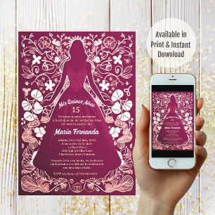 Invitación Bonito Magenta Mis Quince Años Quinceañera