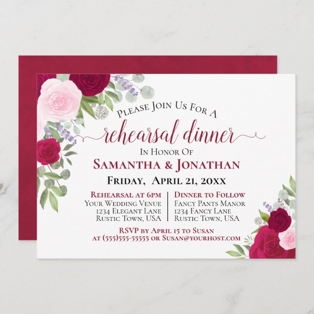 Invitación Bonito Magenta Roses Rosa Boda Ensayo Cena (Anverso / Reverso)
