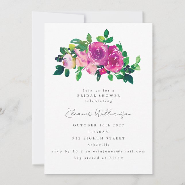 Invitación Bonito Magenta Watercolor Flores Bridal Shower (Anverso)
