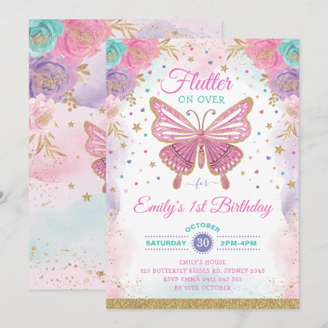 Invitación Bonito Mariposa Fairy Garden Chica Floral Cumpleañ (Anverso / Reverso)
