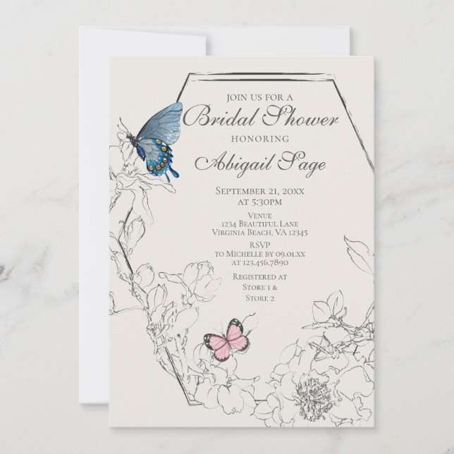 Invitación Bonito Mariposa Floral Geométrica Ducha de Novias (Anverso)
