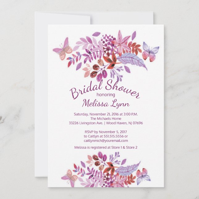 Invitación Bonito Mariposa Morada Floral Brigada Ducha (Anverso)