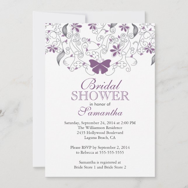 Invitación Bonito Mariposa Morada Floral Brillante (Anverso)