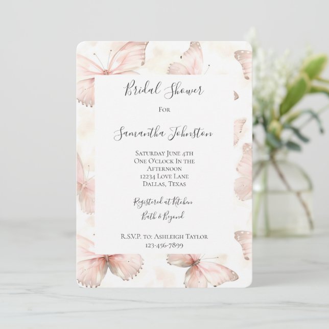 Invitación Bonito Mariposas Rosadas Ducha de Novias (Anverso de pie)