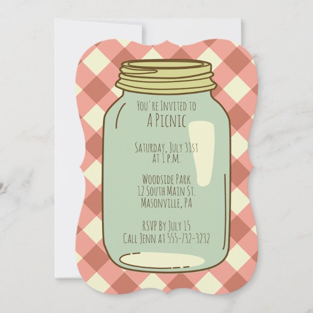 Invitación Bonito Mason Jar Fiesta de Picnic Invita a Gingham (Anverso)