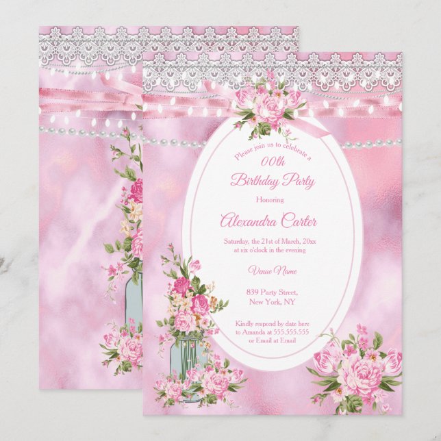 Invitación Bonito Mason Jar Pearl String ilumina el rosa flor (Anverso / Reverso)