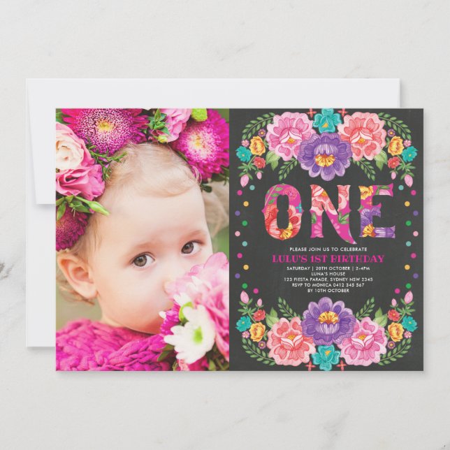 Invitación Bonito Mexicana Fiesta Flowers 1º cumpleaños foto (Anverso)