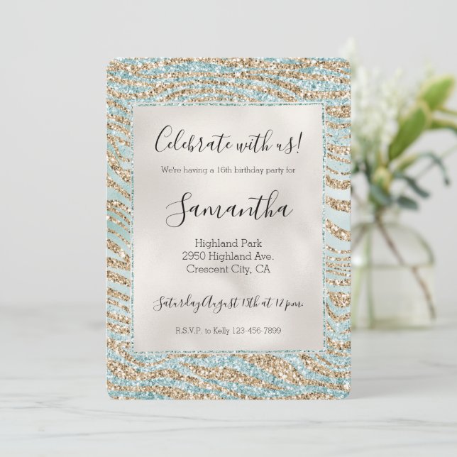 Invitación Bonito Mint Glitzy Sparkle Gold Zebra Purpurina   (Anverso de pie)