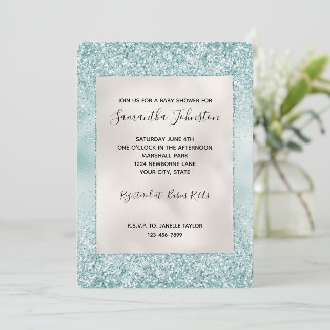 Invitación Bonito Mint Glitzy Sparkle Purpurina   (Anverso de pie)