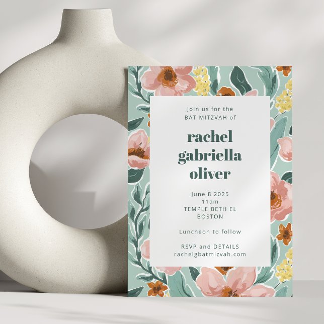 Invitación Bonito Mint Sage Rubor Pink Floral Bat Mitzvah (Subido por el creador)