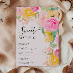 Invitación Bonito moda jardín acuarela floral Dulce 16