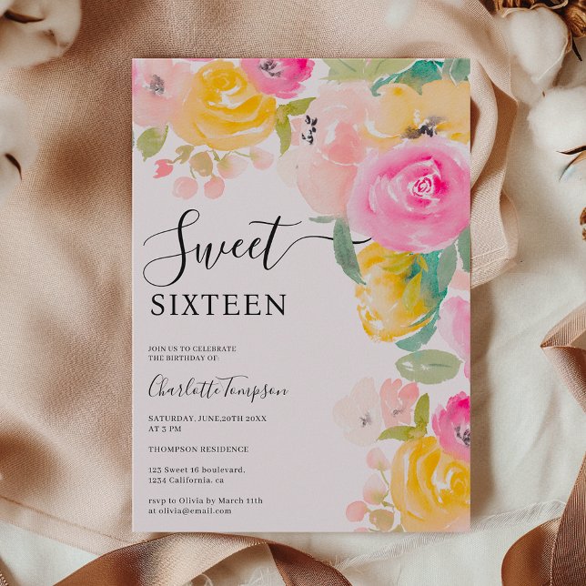 Invitación Bonito moda jardín acuarela floral Dulce 16 (Pretty chic garden floral watercolor Sweet 16 Invitation)