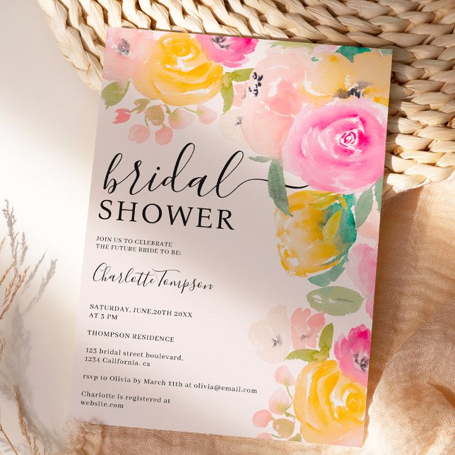 Invitación Bonito moda jardín floral acuarela ducha de novia (Pretty chic garden floral watercolor bridal shower invitation on pink)
