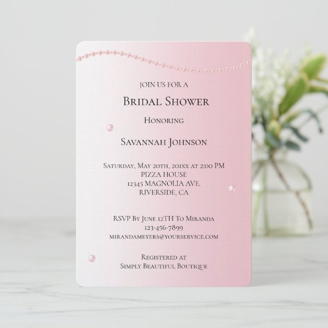 Invitación Bonito Moda Perlas Rosadas Ducha Bridal (Anverso de pie)