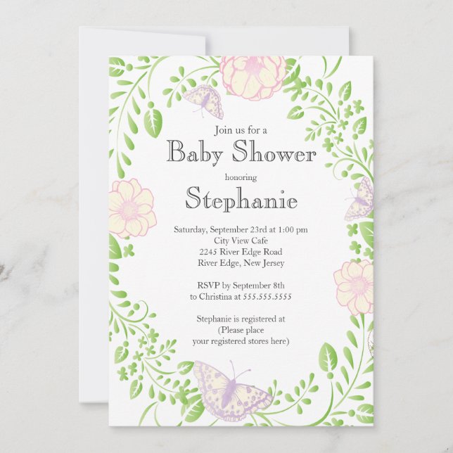 Invitación Bonito moderna Chica floral mariposa Baby Shower (Anverso)