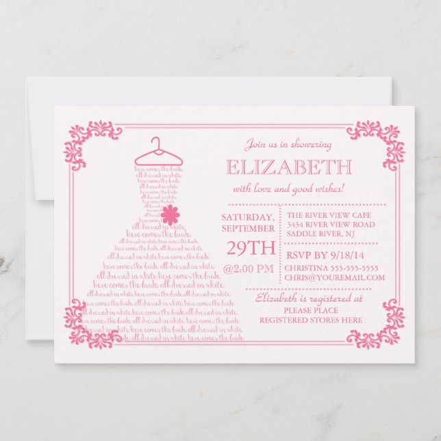 Invitación Bonito moderno Boda rosa Vestido Bridal Ducha (Anverso)