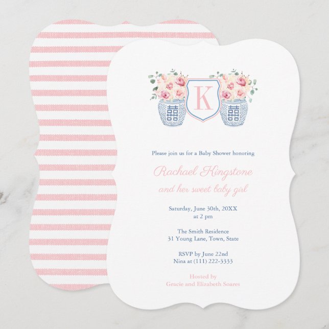 Invitación Bonito Monograma Rosa Niña Pequeña Baby Shower (Anverso / Reverso)