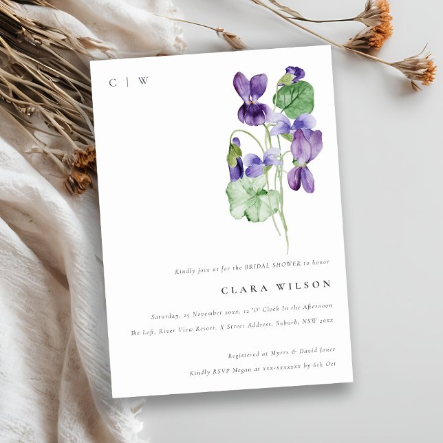 Invitación Bonito Monograma Violet Floral Bunch Bridal Shower (Subido por el creador)
