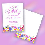 Invitación Bonito Morado Flor silvestre Adulto 60 cumpleaños<br><div class="desc">Un borde de flores silvestres de bonito decora el fondo de esta invitación de cumpleaños número 60. Las flores moradas, azules, amarillas y naranjas crean un diseño colorido y feliz para celebrar este cumpleaños histórico. La caligrafía púrpura moderna y sencilla aporta un toque de moda para mantenerla fresca. El flujo...</div>