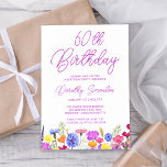 Invitación Bonito Morado Flor silvestre Adulto 60 cumpleaños<br><div class="desc">Un borde de flores silvestres de bonito decora el fondo de esta invitación de cumpleaños número 60. Las flores moradas, azules, amarillas y naranjas crean un diseño colorido y feliz para celebrar este cumpleaños histórico. La caligrafía púrpura moderna y sencilla aporta un toque de moda para mantenerla fresca. El flujo...</div>