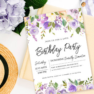 Invitación Bonito Morado Floral 30 Fiesta de cumpleaños