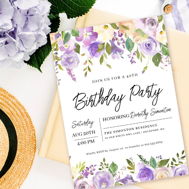 Invitación Bonito Morado Floral 40 Fiesta de cumpleaños (Matching party supplies, welcome signs and decor available. Message me for help finding them. )