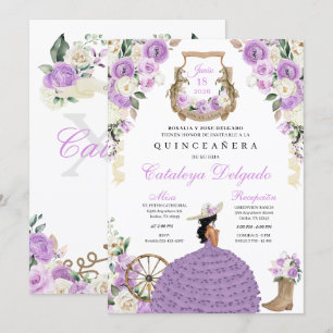 Invitación Bonito Morado Floral Occidental Charro Quinceañera