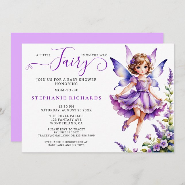 Invitación Bonito Morado Flower Fairy Baby Shower Floral (Anverso / Reverso)